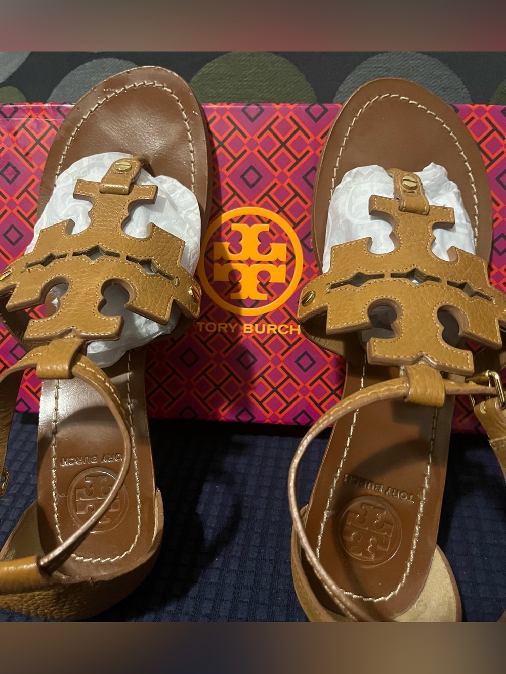 Tory Burch Tan Leather Logo Cutout T-Strap Sandals